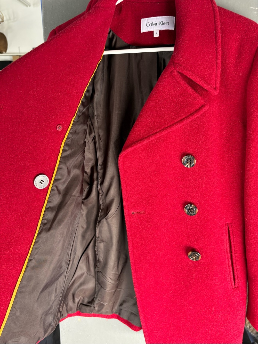 Calvin Klein Women’s Red Wool Mid-Length Pea Coat Button Lined Pockets 4